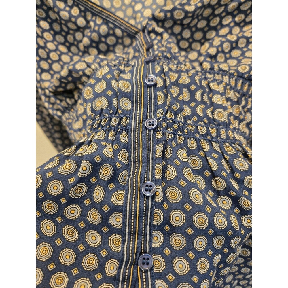 Max Studio Size L Blue Geo Print Smocked Waist V-Neck Long Sleeve Blouse Top - Picture 4 of 12
